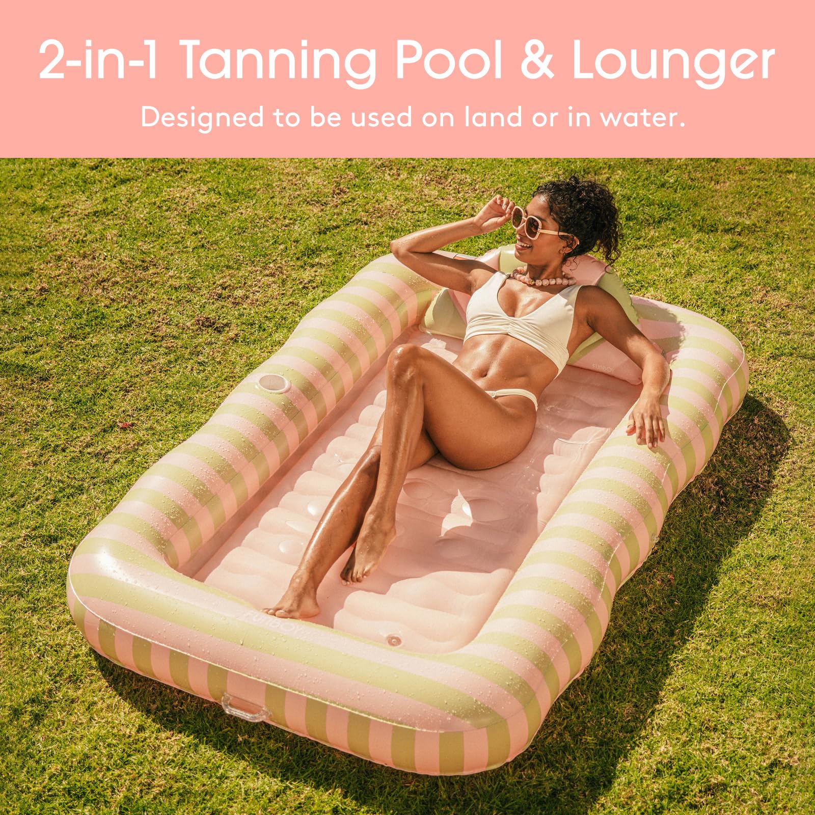 FUNBOY Tanning Pool Lounger Float, XL 72'' x 48'' Pool Float with Custom Pillow and Large Cup Holder, Perfect for Pool or Backyard.
