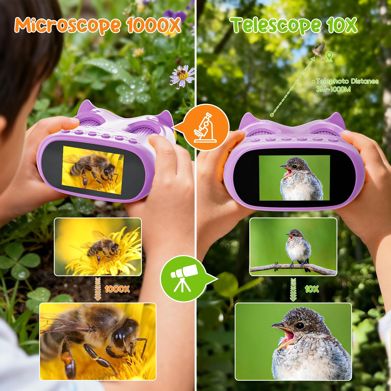 2-in-1 Kids Microscope Telescope, Temodu 2.0" 1000X Digital Microscope for Kids, HD Portable Education Telescope for Kids Birthday Festival Gift, Science Fun Toys for Children Age 4-12 (Yellow)
