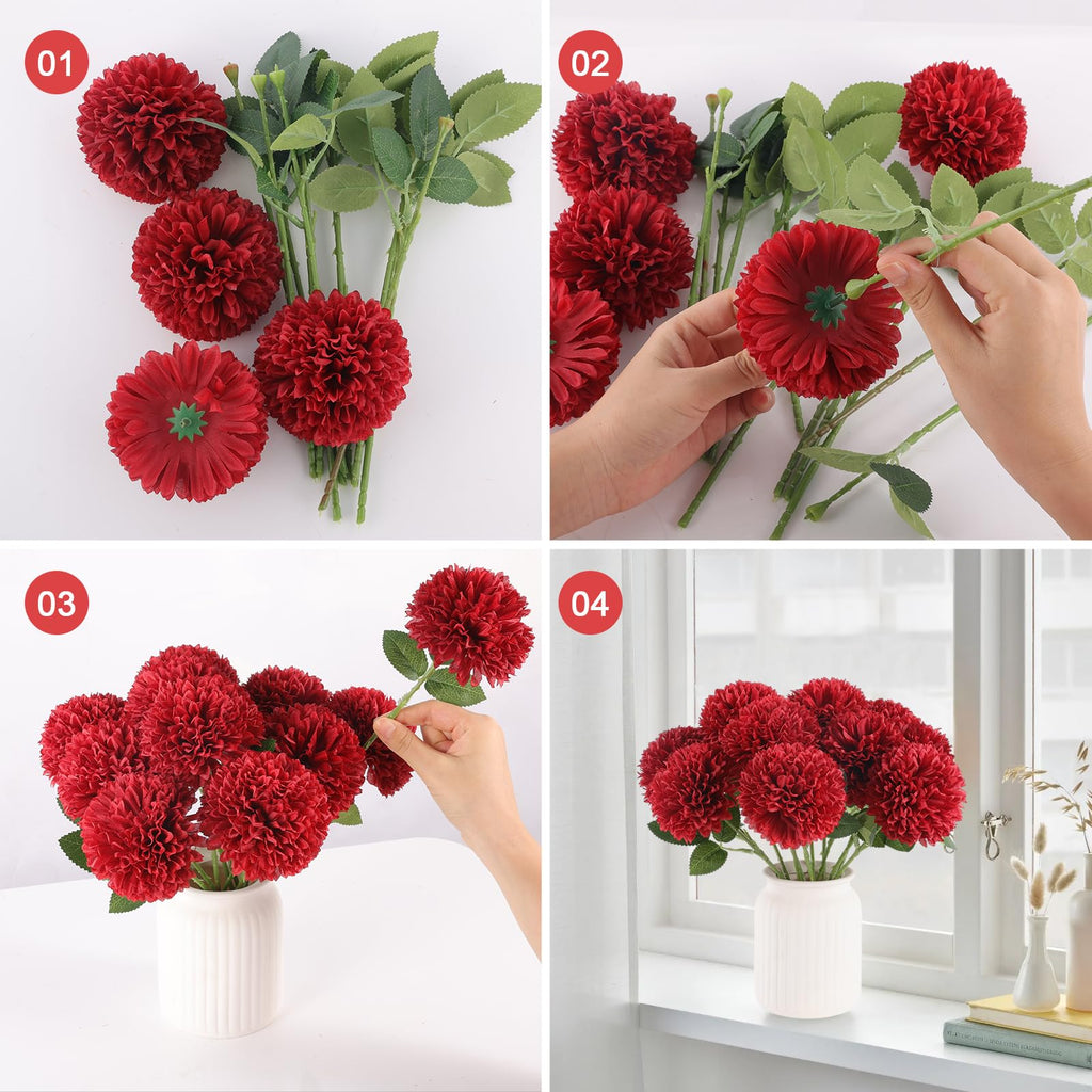 Hananona 12 Pcs Artificial Chrysanthemums Flowers Patriotic Flower, 4th of July Fake Mums Flowers Silk for Home Decor Indoor Memorial Day Table Centerpiece Vase not Included (12, Red, White, Blue)