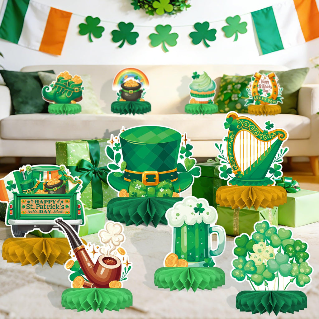St Patrick's Day Decorations Set - St Patricks Day Honeycomb Centerpieces & Shamrock Beer Table Toppers, for Irish Classroom & St. Patrick's Day Party Supplies