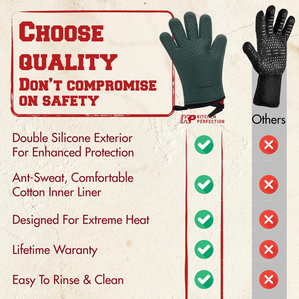 KITCHEN PERFECTION Silicone Oven & Griddle Gloves -Extreme Heat Resistant BBQ & Grilling Gloves -Handle Hot Food Right on Your Griddle |Waterproof Oven Mitts Grill Gloves |Superior Set+3 Bonuses