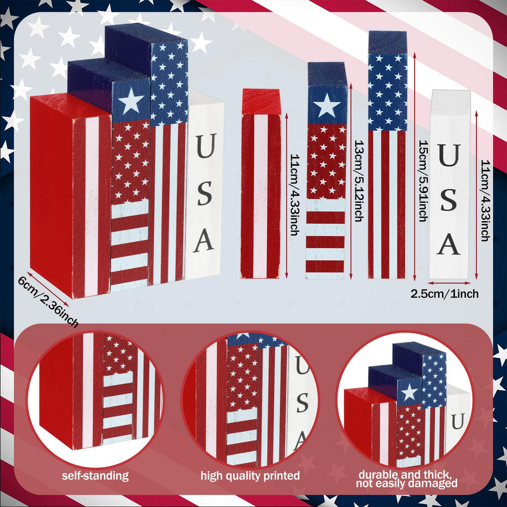 Amyhill 3 Pcs 4th of July Decorations Set Wooden Patriotic Table Centerpieces Independence Day Wood Firework Fourth of July Table Signs for 250th Anniversary Home Farmhouse Decor (Flag)
