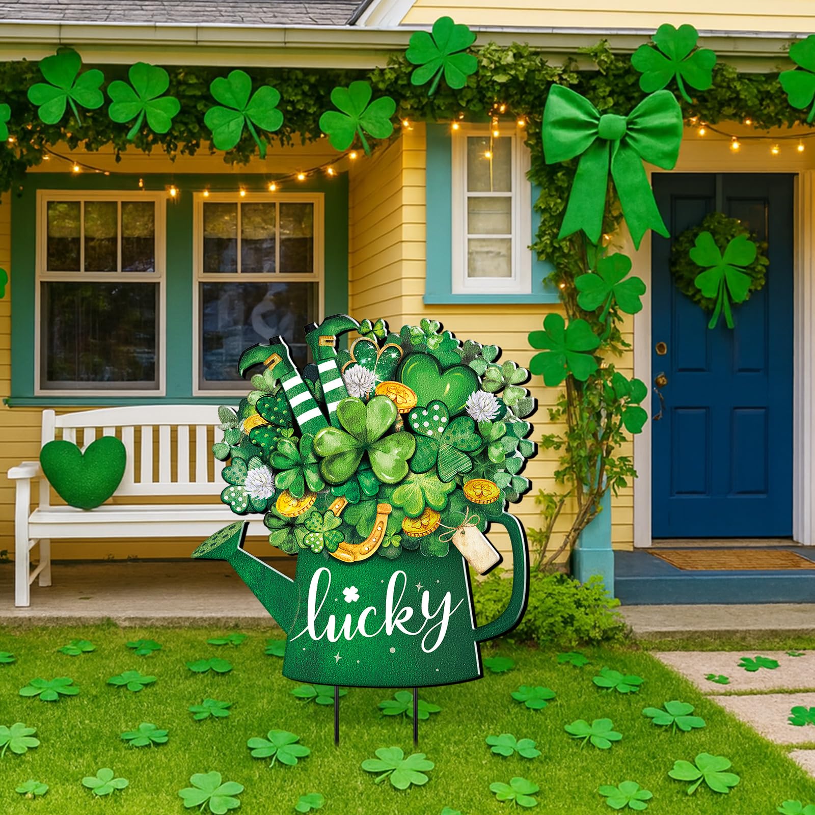 Metal St Patricks Day Decoration Outdoor Green Shamrock Leprechaun Yard Sign Stake 14.2 Inches Welcome Irish Mason Jar Yard Decor Clover Lawn Decor for Home Garden Patio Lawn
