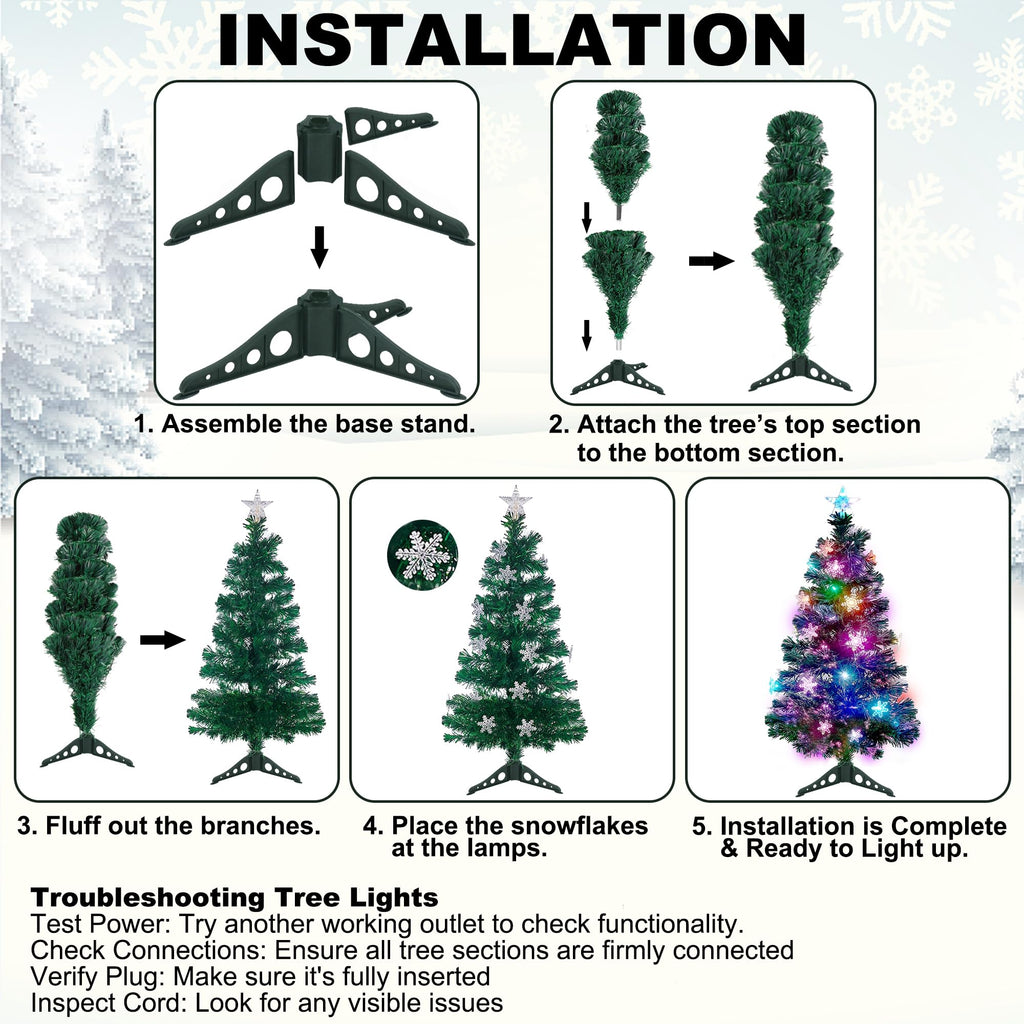 Prsildan 4 FT Artificial Christmas Tree, Pre-Lit Optical Fiber Xmas Trees with Multicolor LED Lights, Snowflakes & Top Star, Lighted Christmas Tree Holiday Home Decor