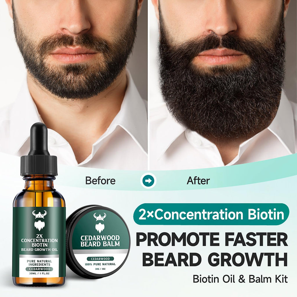 MistySprite Beard Growth Kit for Men, 2X Concentration Biotin Beard Oil & Styling Balm, Natural Facial Hair Conditioner with Argan, Jojoba & Vitamin E, Sandalwood Scent Softener