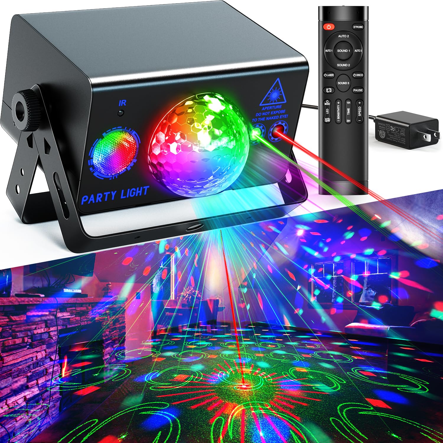 Party Lights DJ Disco Ball & LED Stage Strobe Light with Sound-Activated 10ft USB-C Cable,Remote,Disco Lights for Parties Indoor Use,Birthday,Dance,Clubs,Bar,Living Room,Weddings, Holidays Décor