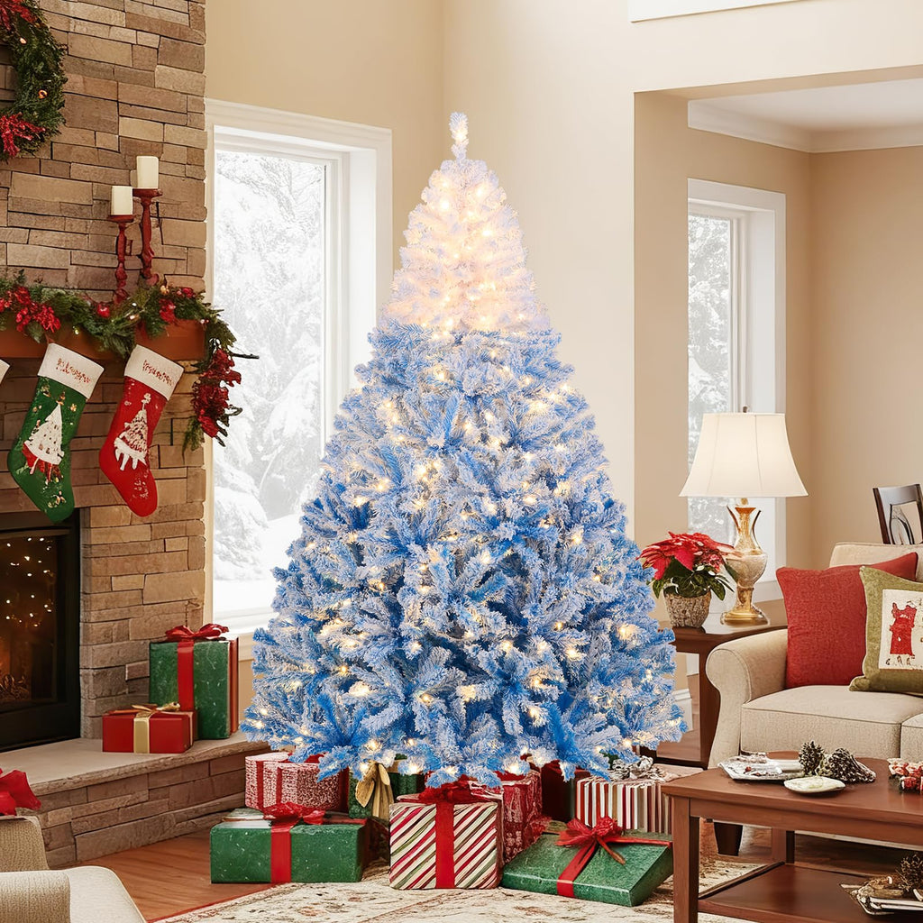 Goplus 7FT Pre-Lit Artificial Christmas Tree Auto-Spread/Close up Branches 11 Flash Modes with Multicolored 400 LED Lights & Metal Stand