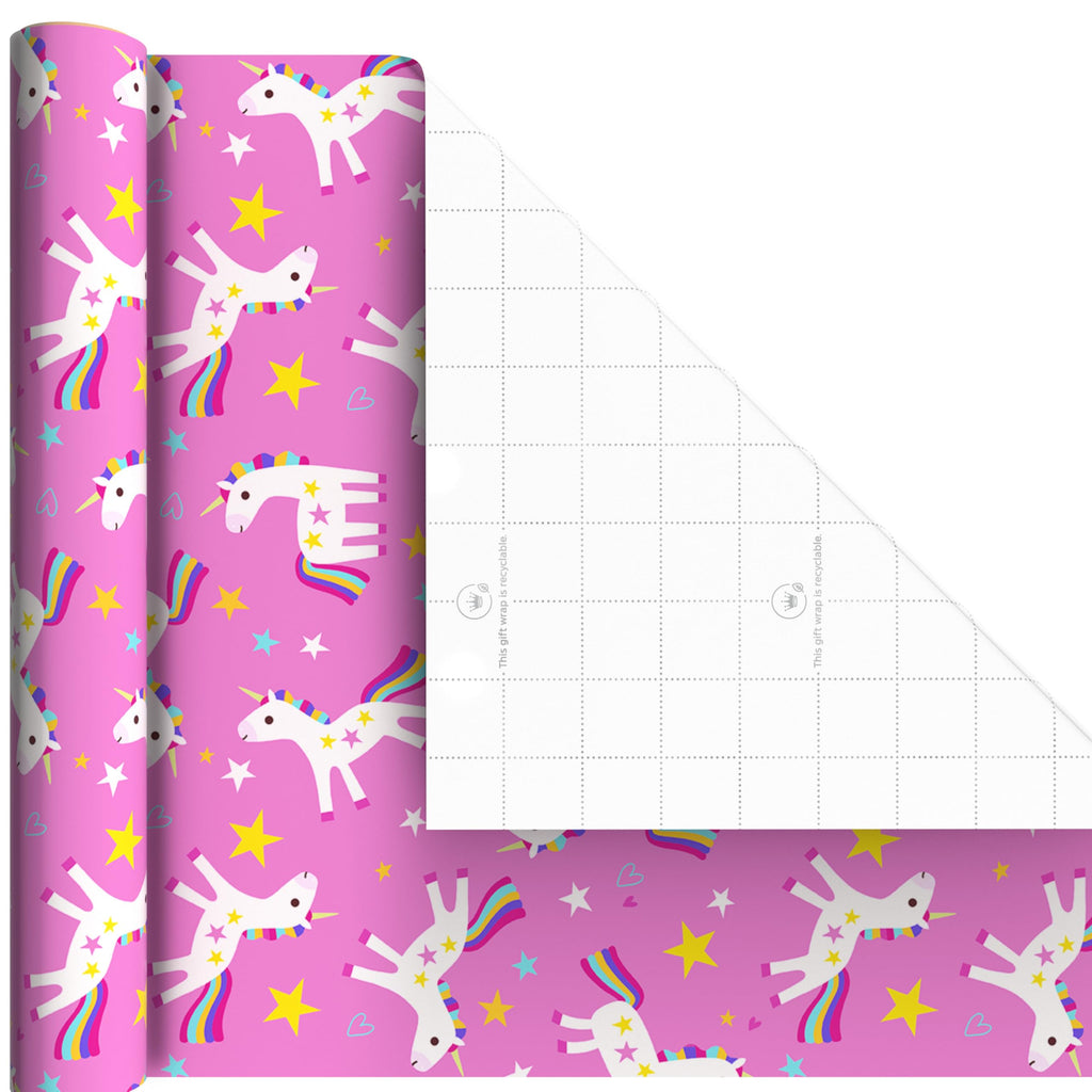 Hallmark Kids Birthday Wrapping Paper Mini Rolls, 3-Pack (Unicorns, Rainbows on Purple, Pink with White Polka Dots) for Birthday Parties, Easter, Baby Showers, Any Occasion - 60 Sq. Ft. Total