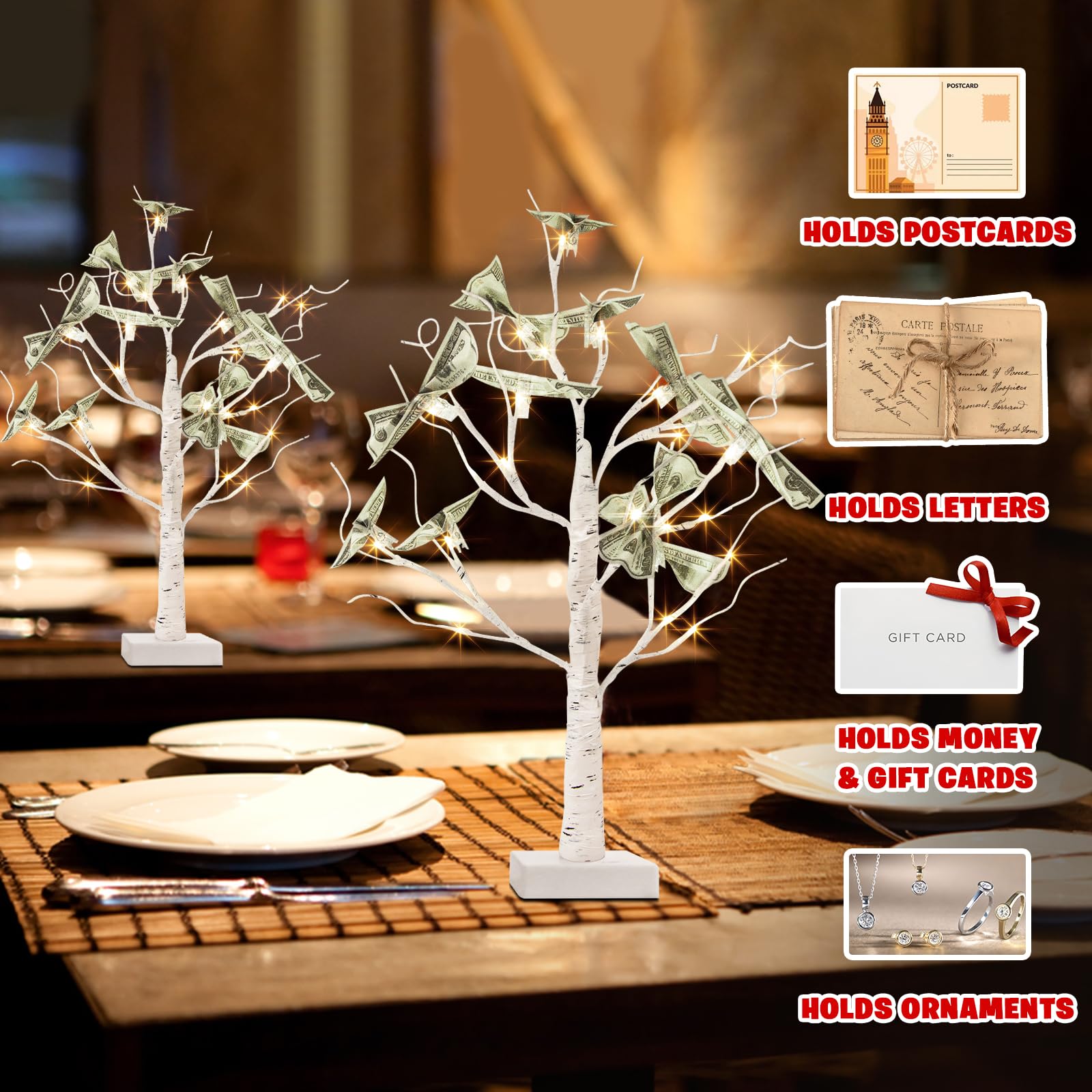 PEIDUO Home Decor, 2FT Birch Tree with LED Lights, Warm White Light up Tree Lamp, Artificial Trees for Home Table Inside, Battery Powered, Timer (2PK)