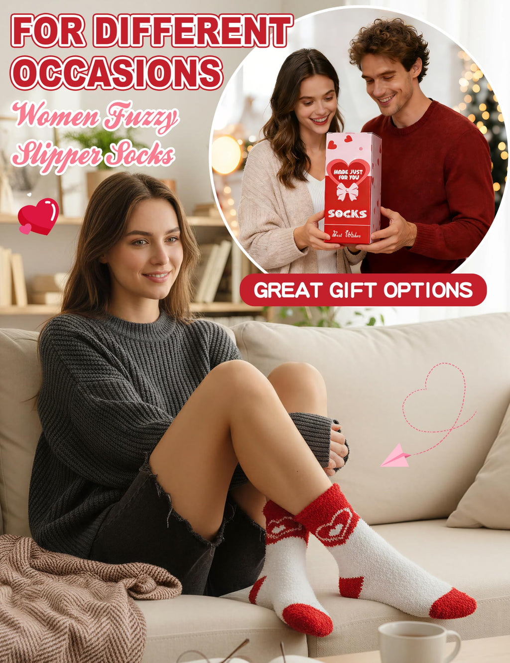 Womens Fuzzy Socks Warm Fluffy Cozy Winter Slipper Thick Fleece Heart Socks 5 Pairs