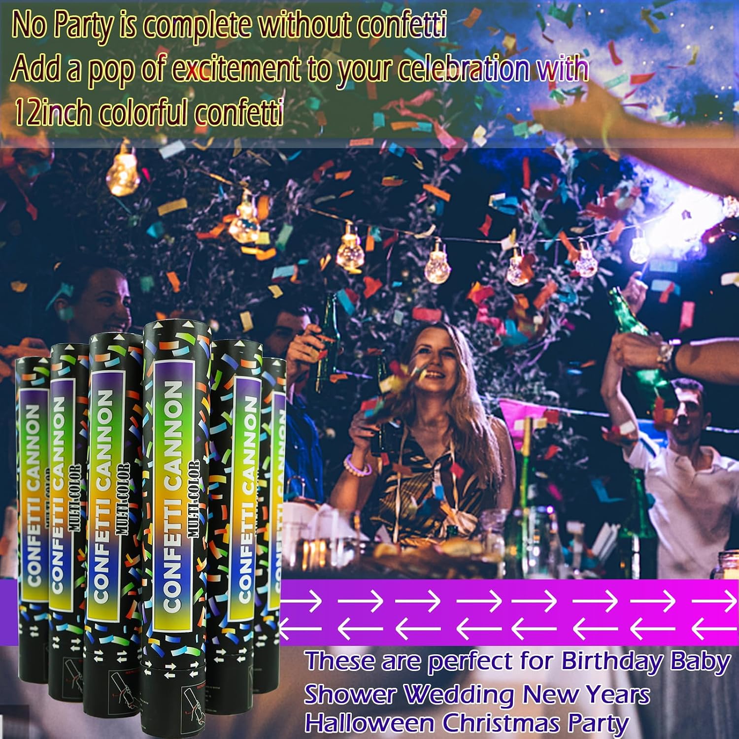 Biodegradable Confetti Cannon 6 Pack Multicolor Party Popper Shooters,12 Inch Large Confetti Cannon for Wedding Celebration Birthday Celebration Baby Shower Decorations Christmas New Year Graduation