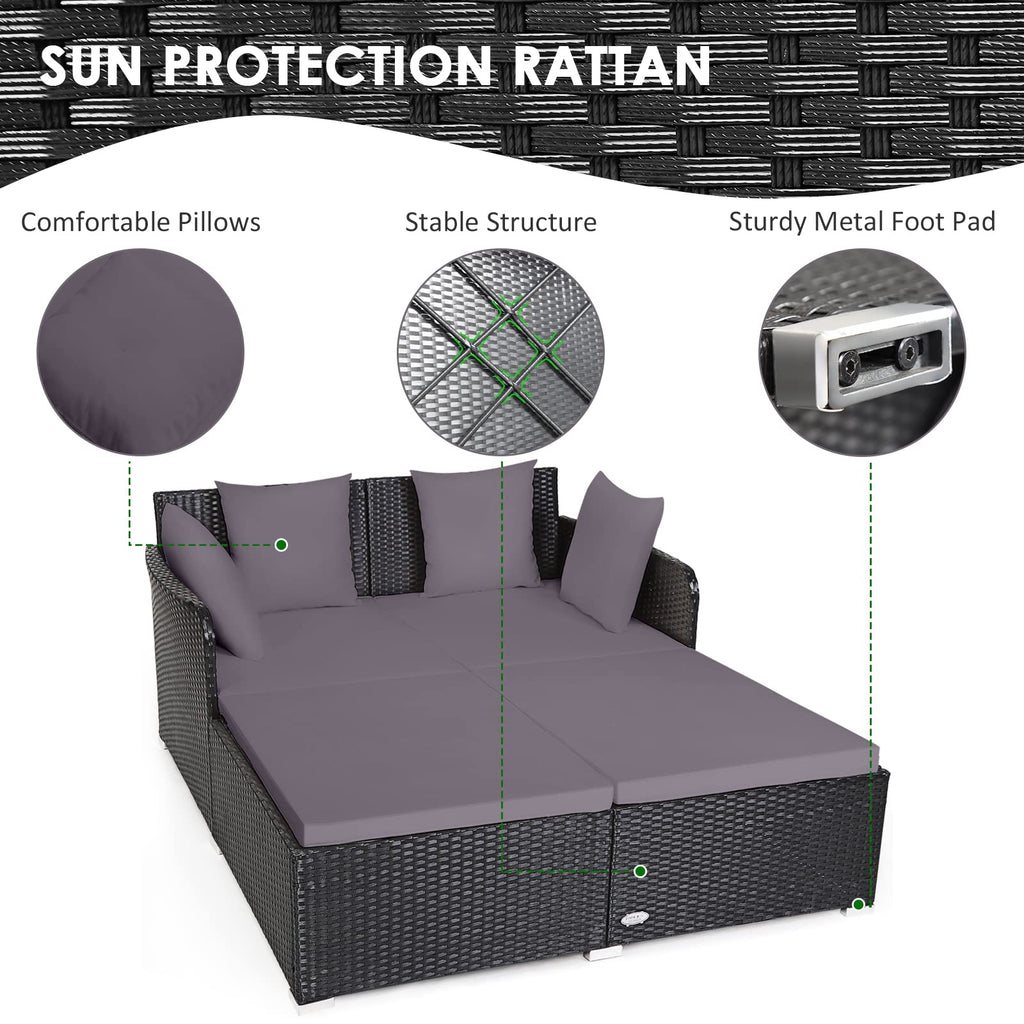 Tangkula Patio Rattan Daybed with Retractable Canopy, Outdoor Wicker Sunbed Lounger with 2 Foldable Side Tables, Thick Seat & Back Cushions, Outside Double Daybed for Garden, Backyard, Porch