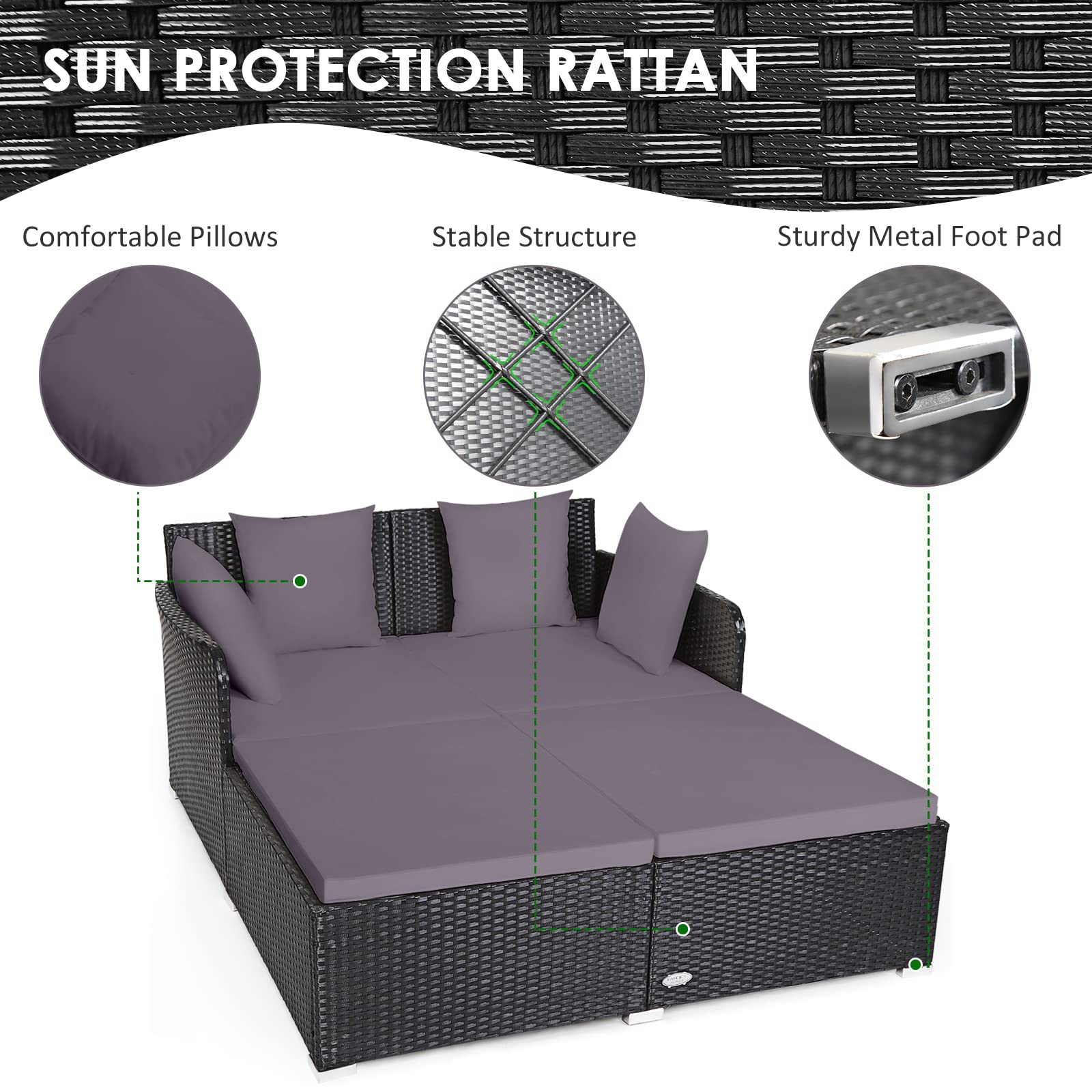 Tangkula Patio Rattan Daybed with Retractable Canopy, Outdoor Wicker Sunbed Lounger with 2 Foldable Side Tables, Thick Seat & Back Cushions, Outside Double Daybed for Garden, Backyard, Porch