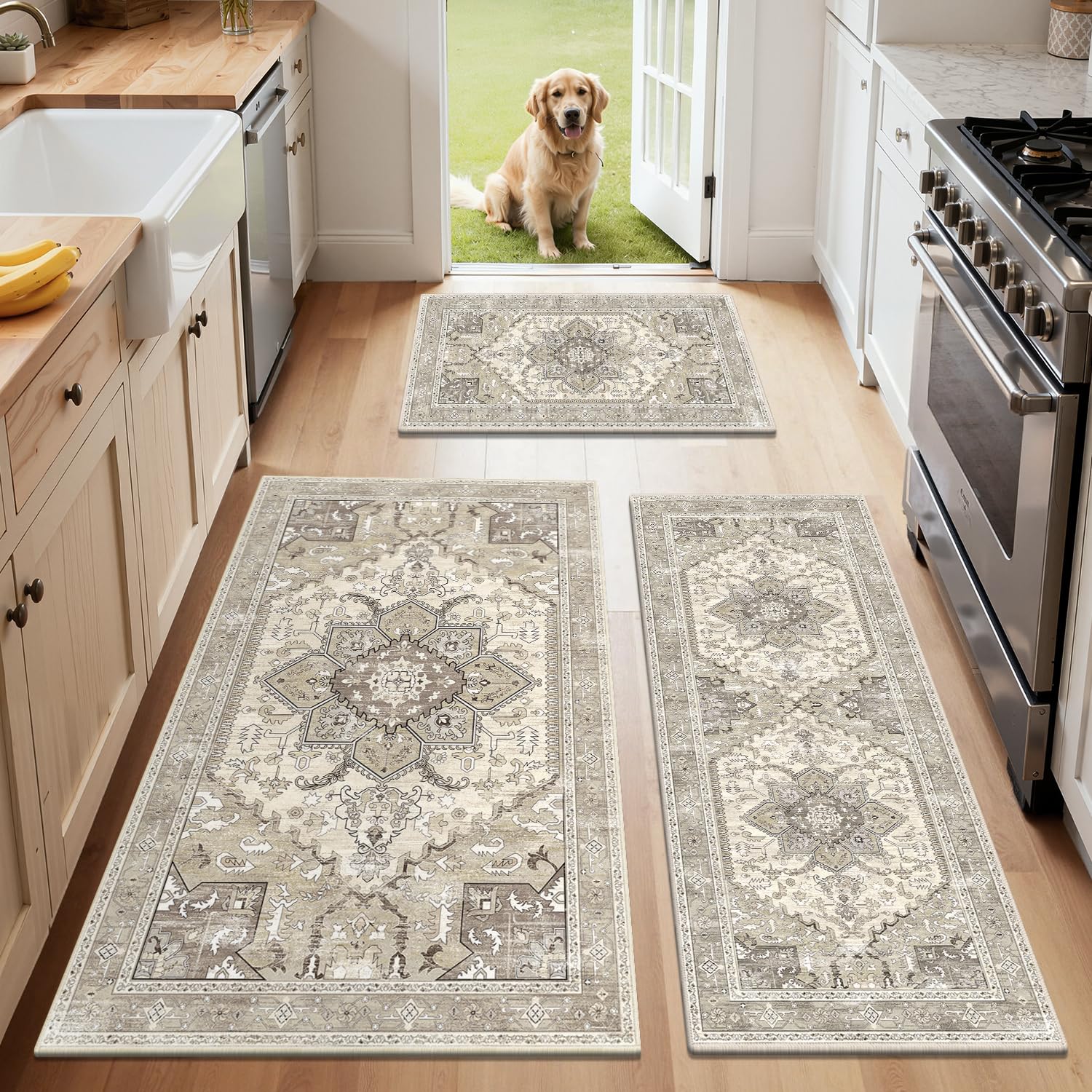 Yamaziot Christmas Kitchen Rugs Sets of 3, Non Slip Kitchen Mats for Floor with Rubber Backing, Holiday Christmas Snowflake Runner Rug Decor Home Decorations for Kitchen, Laundry Room, Hallway