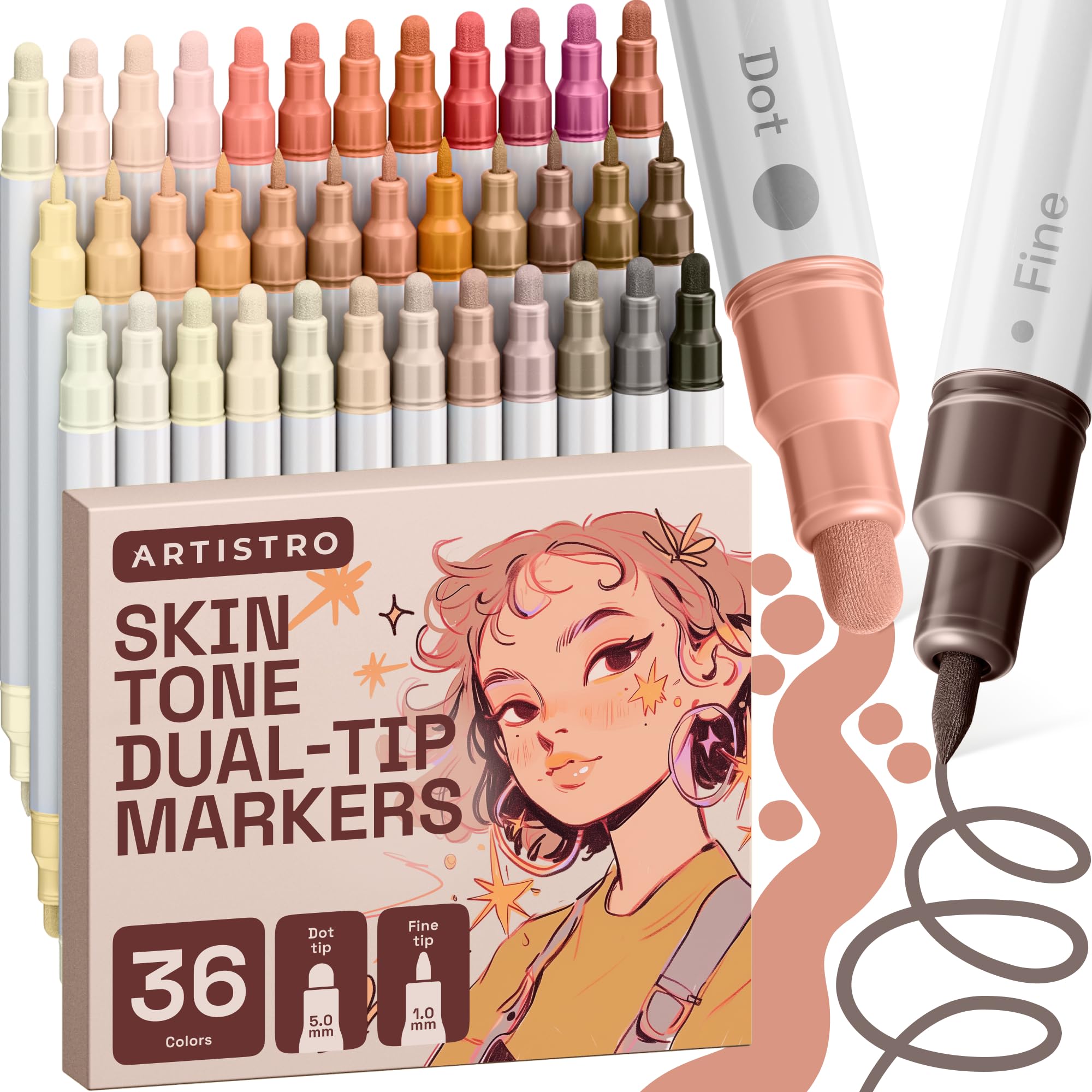 ARTISTRO 36 Dual Tip Pens, Dot & Fine Tips Paint Markers – Paint Pens Set for Fabric, Rock, Glass, Wood, Coloring Books – Arts & Crafts Gift – Classroom Must Haves & School Supplies