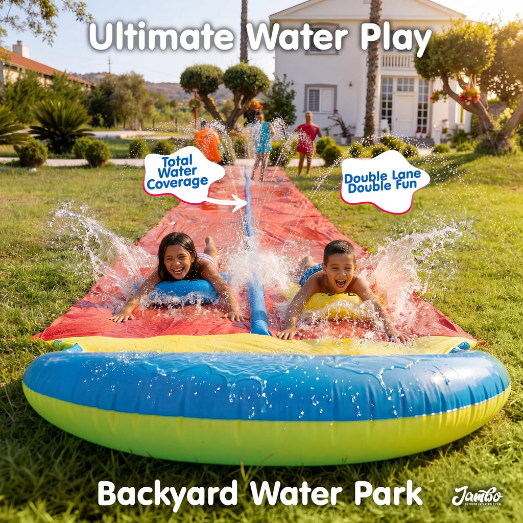 JAMBO Premium Triple Water Slide with 3 Bodyboards, 20Ft Heavy Duty Slip Splash and Slides-Advanced 3-Way Sprinkler System, Splash Pad Mat Backyard Summer Outdoor Water Toys n Long Slides for Kids