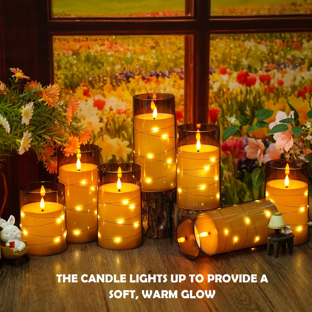 kakoya Flameless LED Candles with Timer 5 Pc Flickering Flameless Candles for Romantic Ambiance and Home Decoration Stable Acrylic Shell,with Embedded Star String，Battery Operated Candles（Red）