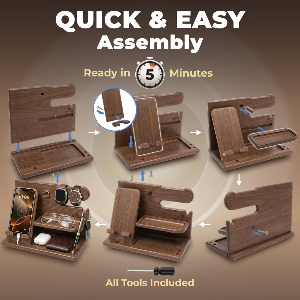 TESLYAR Wood Phone Docking Station for Men - Desk or Nightstand Organizer - Birthday Gifts for Husband, Dad - Anniversary Idea from Wife - Key Holder, Stand Wallet, Watch & Essentials (Bourbon Brown)