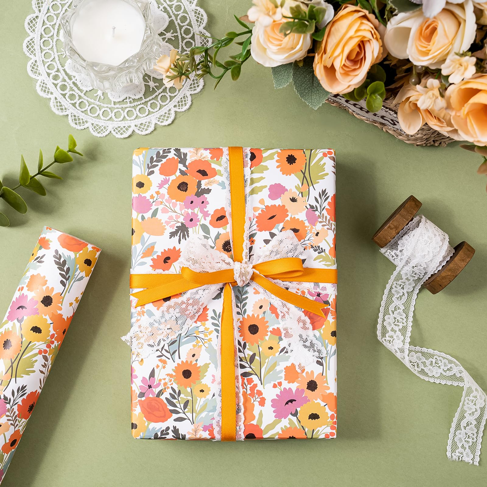 WRAPAHOLIC Kraft Floral Wrapping Paper Roll - Mini Roll - 17 Inch x 9.8 Feet - Spring Summer Garden Flower Design Perfect for Wedding, Bridal Shower, Birthday
