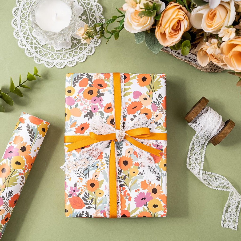 WRAPAHOLIC Kraft Floral Wrapping Paper Roll - Mini Roll - 17 Inch x 9.8 Feet - Spring Summer Garden Flower Design Perfect for Wedding, Bridal Shower, Birthday
