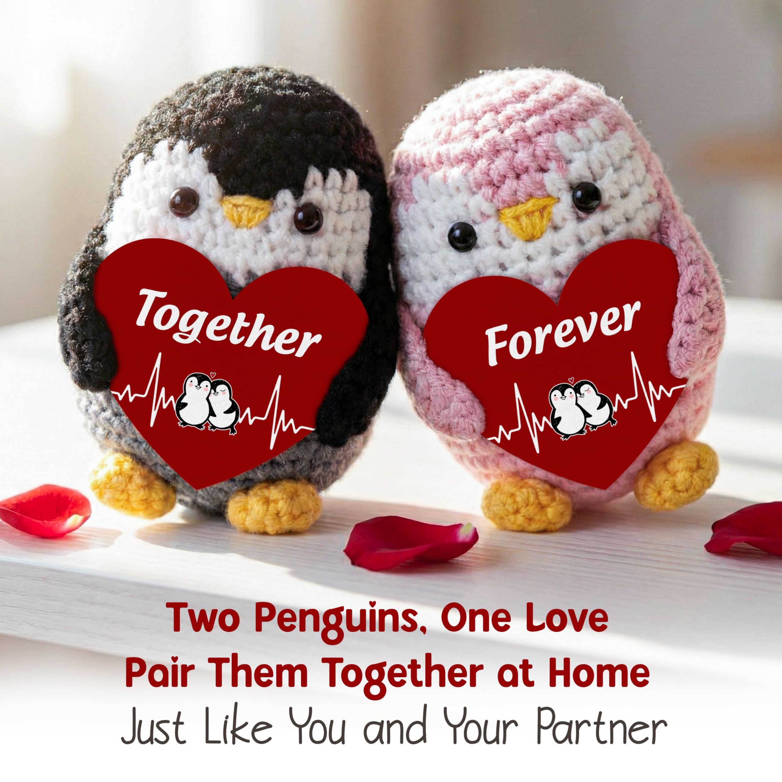 OASSIE Anniversary Couple Gifts for Women Men - Positive Penguin Couple Crochet with Card - Mothers Day Birthday Anniversary Wedding Gifts for Wife Husband Him Her Couples Boyfriend Girlfriend