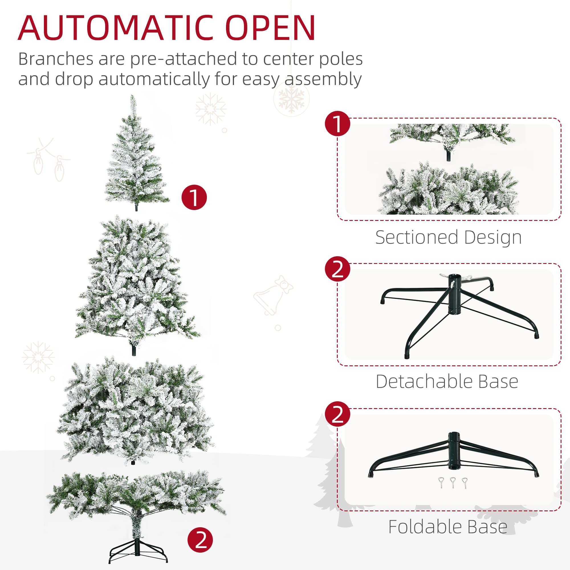 HOMCOM 7.5 Foot Artificial Christmas Tree, Nordic Pine Hinged Xmas Tree with 1218 Realistic Branches, Wide Steel Base, Auto Open, Green