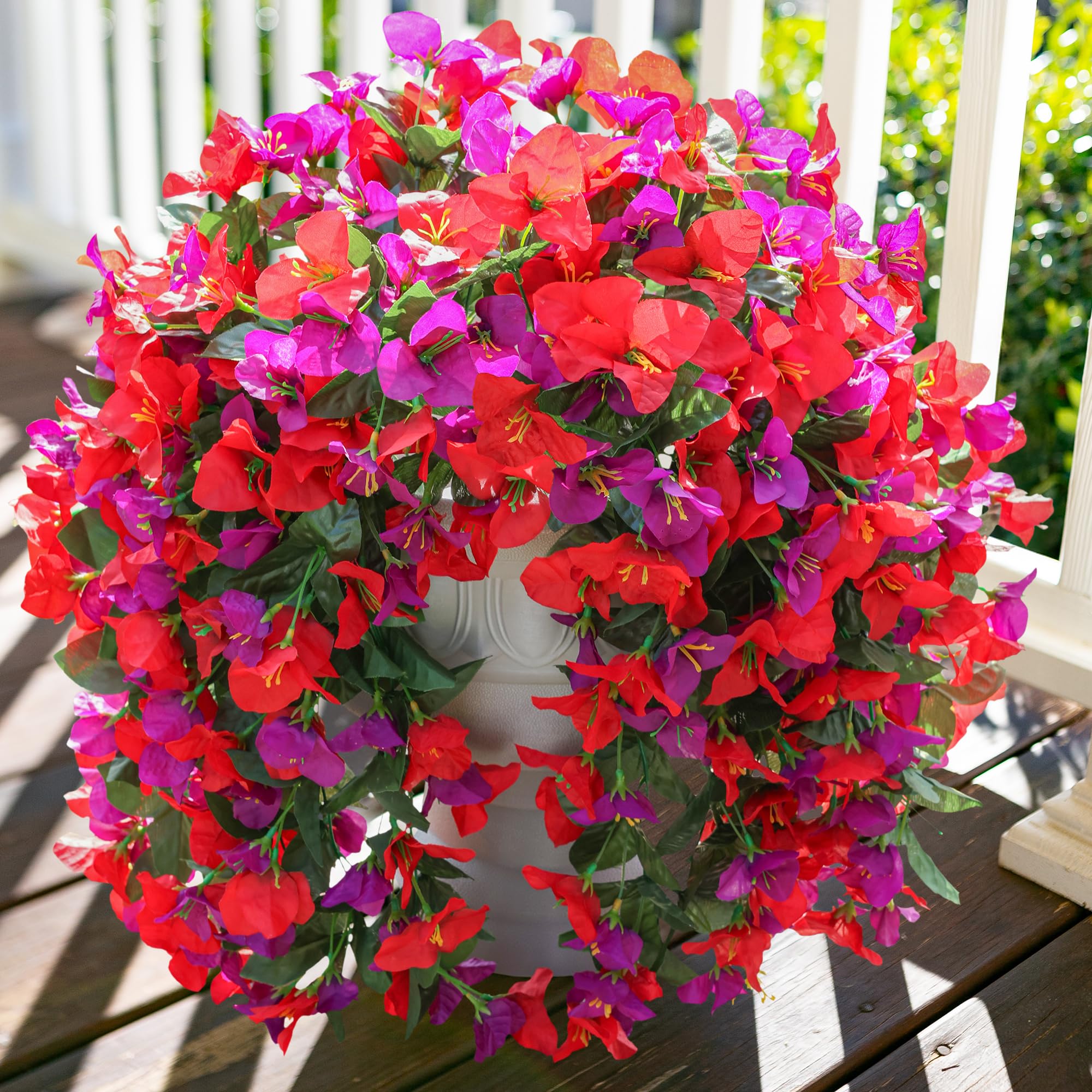 Artificial Bougainvillea Faux Flowers Plants for Outdoors Outside Fall Autumn Decor, 2 PCS Silk Trailing Vines UV Resistant Realistic Orange Fake Flowers for Planter Front Door Porch Patio Balcony