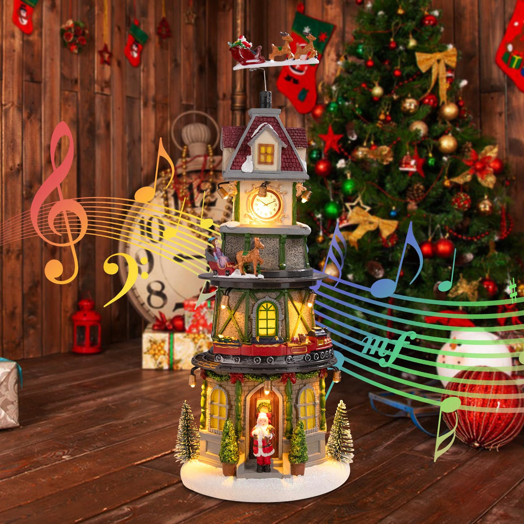 Christmas Village House Musical Christmas Collectible Buildings Church Train Snowman Children Skating with LED Lights Vacation Village with USB Indoor Figurines Indoor Tabletop Decoration