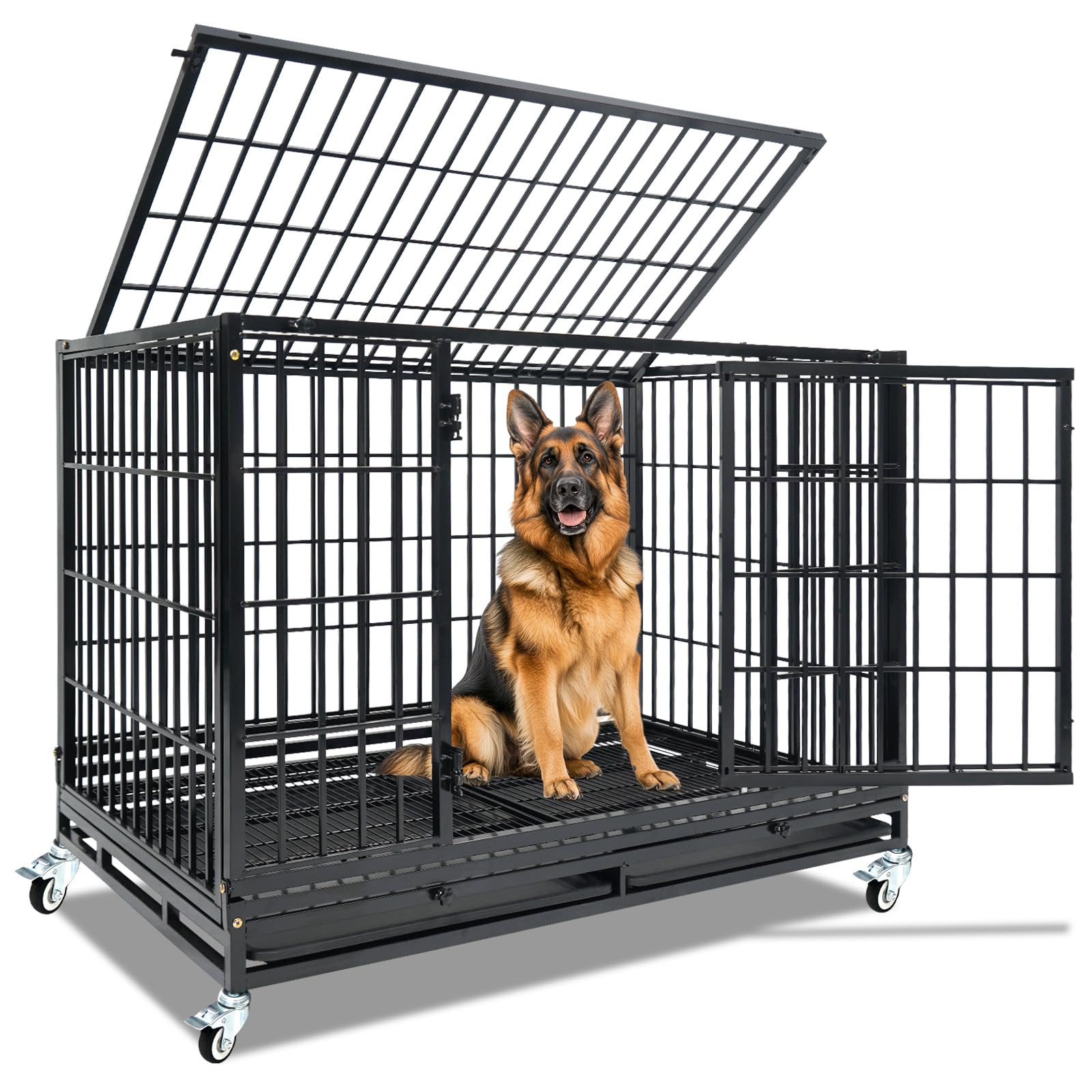 Homey Pet 37 Inch Heavy Duty Dog Crate for Medium Dogs, Stackable Dog Cage with Four Lockable Wheels, Removable Tray & Grid, Open Top, Escape Proof Dog Kennel Indoor