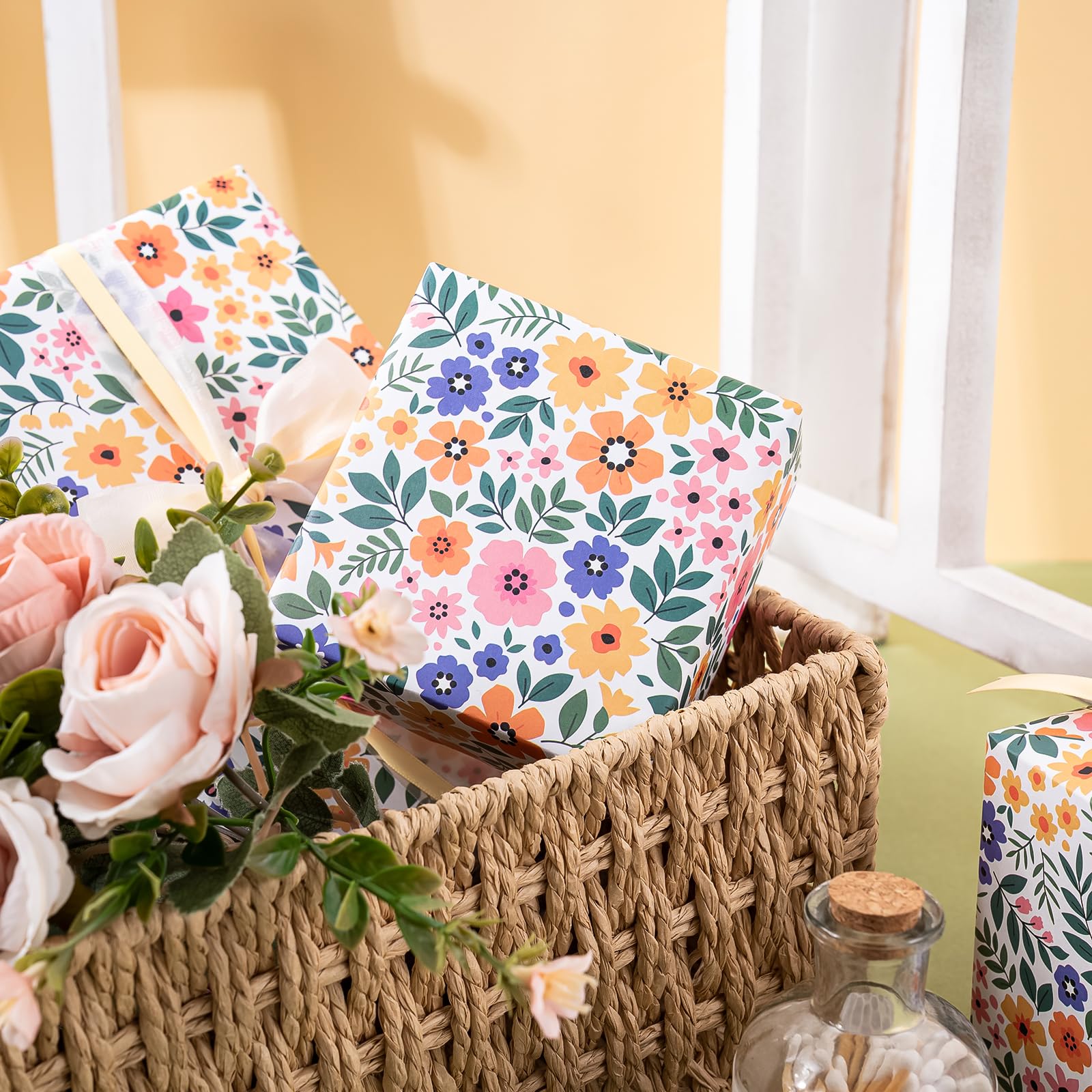 WRAPAHOLIC Kraft Floral Wrapping Paper Roll - Mini Roll - 17 Inch x 9.8 Feet - Spring Summer Garden Flower Design Perfect for Wedding, Bridal Shower, Birthday