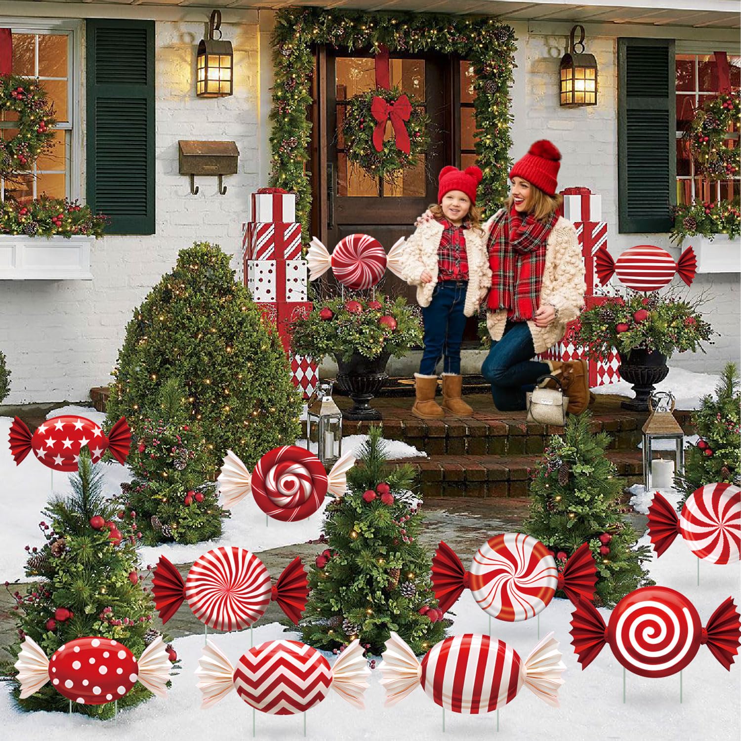 33" Christmas Decorations Outdoor Candy Christmas Decorations, 2ct Large Tall Outdoor Stake Signs 4 Interlocking PP Panels with H-Brackets Fiberglass Rods for Lawn Pathway Xmas Party