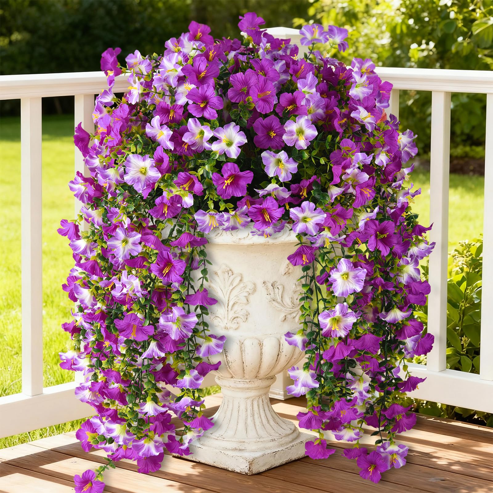 Artificial Fake Flowers Plants for Outdoor Spring Summer Decoration,2 PCS Faux Silk Morning Glory with Eucalyptus Leaves,UV Resistant Realistic Outdoor Flowers for Balcony Porch Patio Yard Garden