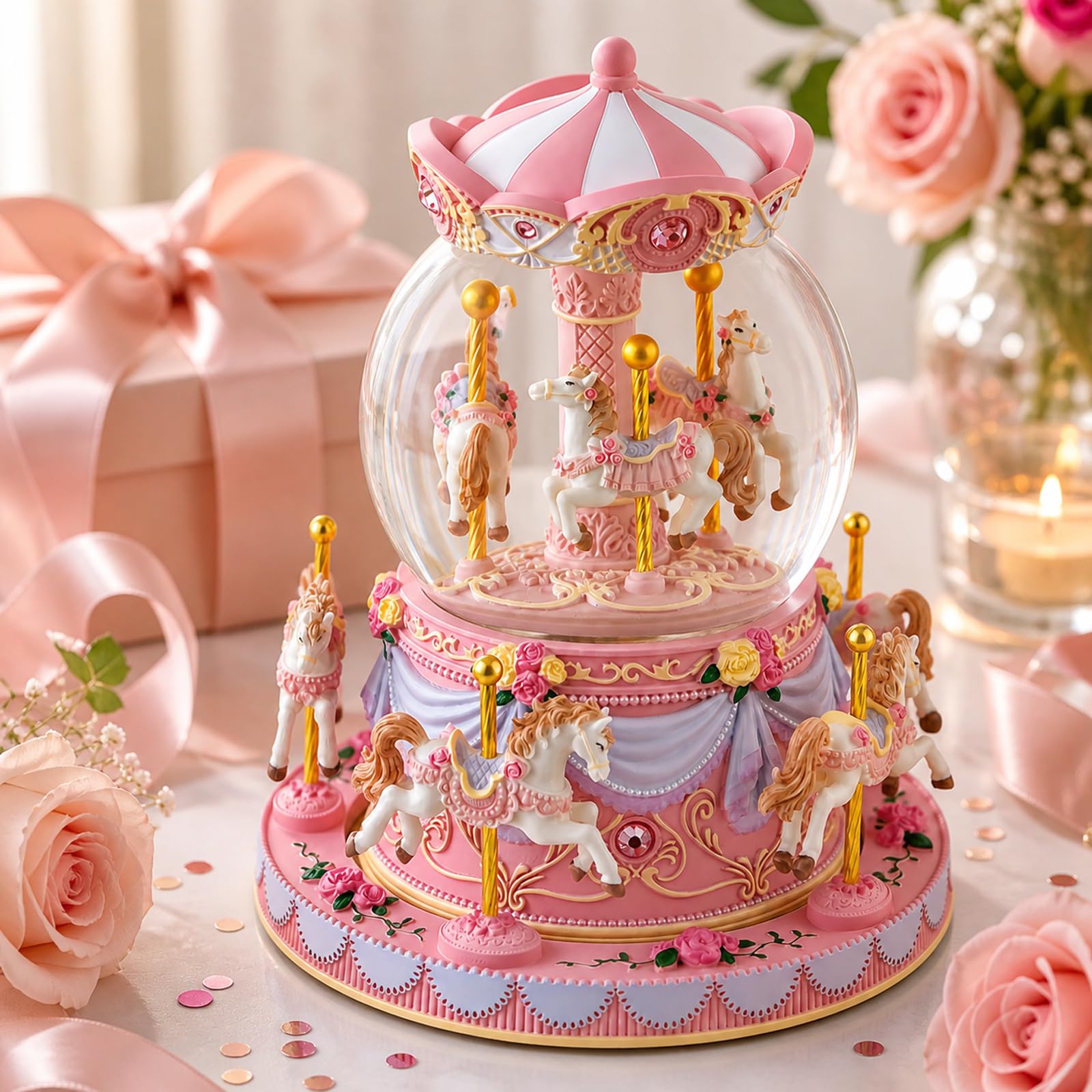 Blue Carousel Snow Globe Music Box with LED Lights, Rotating Horse Merry Go Round, Wind Up Musical Snow Globe Plays You are My Sunshine, Gift for Daughter Granddaughter Mom Women