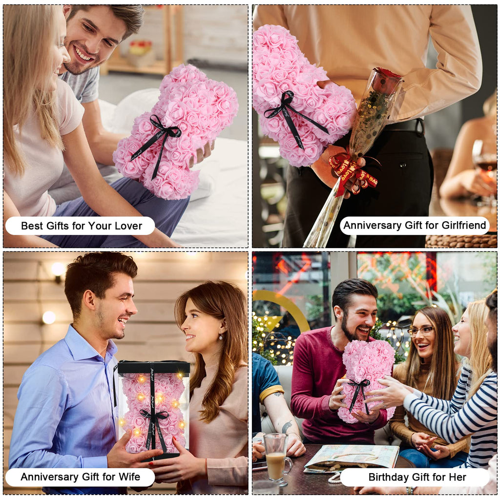 Rose Bear Mother's Day Flower Gifts for Mom Grandma, Rose Teddy Bear with Lights, Cute Teddy Flower Bear, Cute Romantic Present for Wife Girlfriend with Transparent Gift Box and Love Card