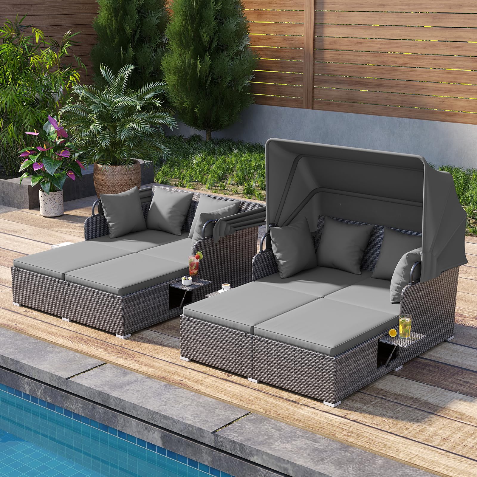 Tangkula Patio Rattan Daybed with Retractable Canopy, Outdoor Wicker Sunbed Lounger with 2 Foldable Side Tables, Thick Seat & Back Cushions, Outside Double Daybed for Garden, Backyard, Porch