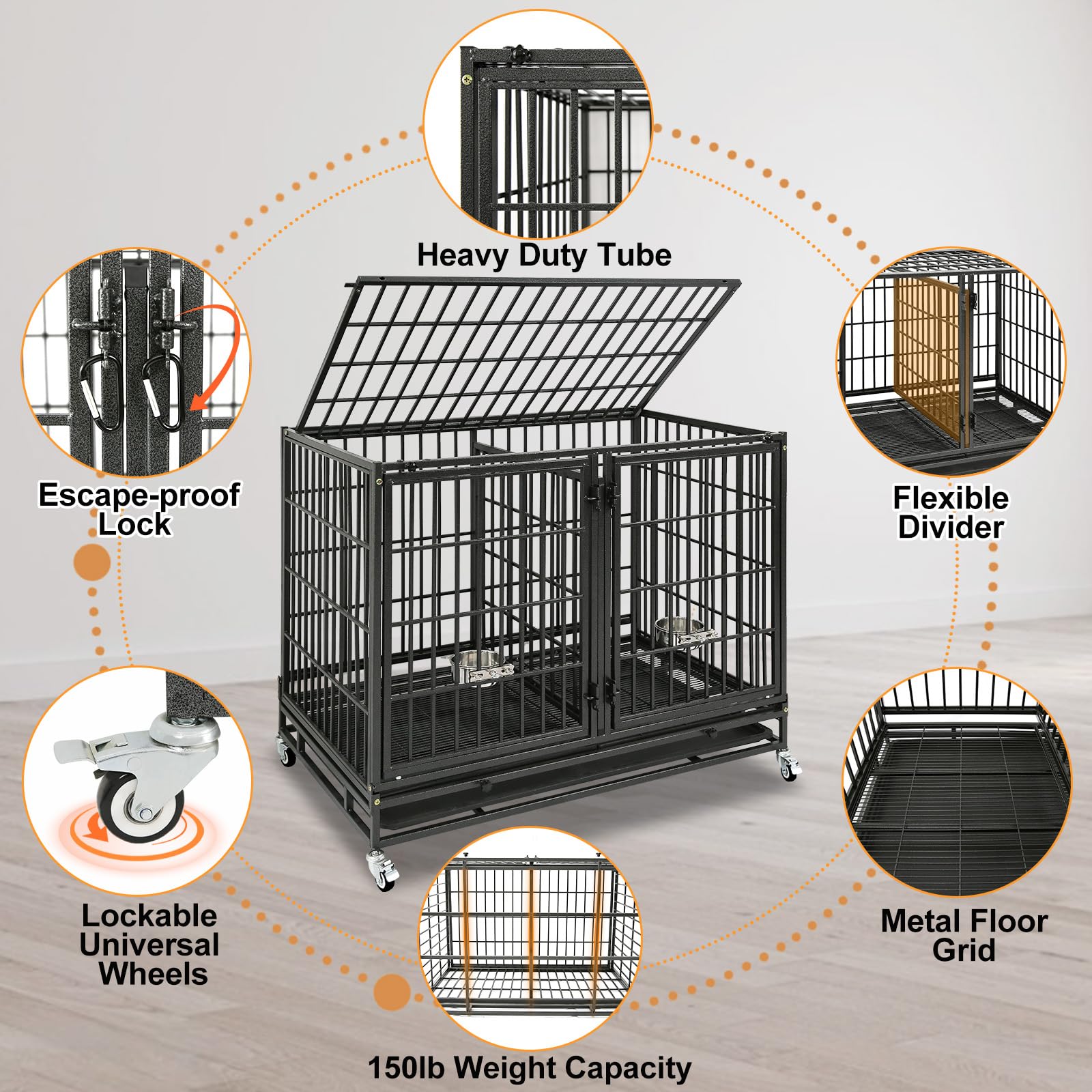 Homey Pet 37 Inch Heavy Duty Dog Crate for Medium Dogs, Stackable Dog Cage with Four Lockable Wheels, Removable Tray & Grid, Open Top, Escape Proof Dog Kennel Indoor