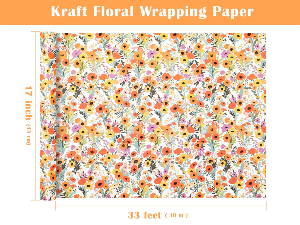 WRAPAHOLIC Kraft Floral Wrapping Paper Roll - Mini Roll - 17 Inch x 9.8 Feet - Spring Summer Garden Flower Design Perfect for Wedding, Bridal Shower, Birthday