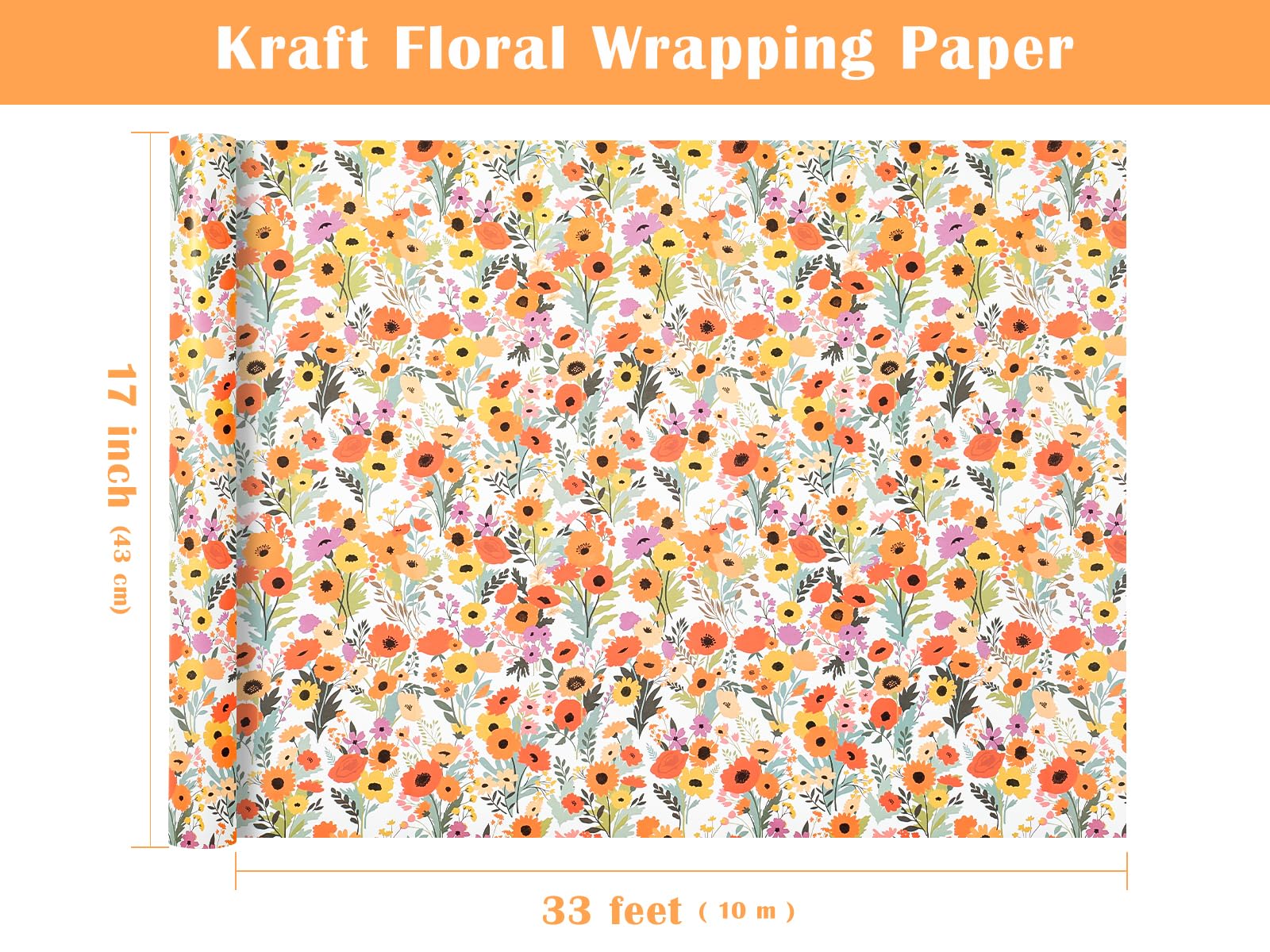 WRAPAHOLIC Kraft Floral Wrapping Paper Roll - Mini Roll - 17 Inch x 9.8 Feet - Spring Summer Garden Flower Design Perfect for Wedding, Bridal Shower, Birthday