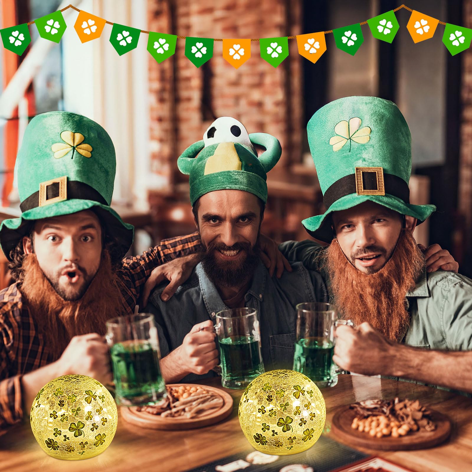 St Patricks Day Decorations Lights, Lighted Glass Ball Tabletop Irish Decor LED Night Light with Clover Pattern,Irish DIecorations for Home (2PCS3.93'')