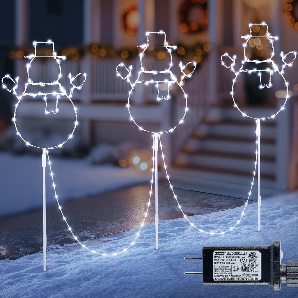 Christmas Walkway Lights,200LED White Christmas Decorations Pathway Lights Plug in,Timer 8 Mode Snowman Garden Light with Stake Waterproof for Fence,Patio,Yard,Party,Xmas Decor-White