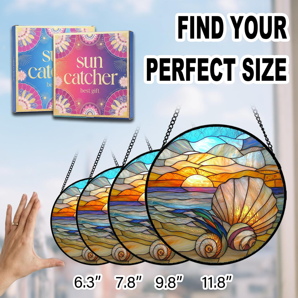 Birthday Gifts for Women - Beach Shell Faux Stained Glass Window Hanging Sun Catcher for Door Garden Acrylic Ocean Decor Mother's Day Christmas for Mom Men Nana Grandma Sisters 6.3"