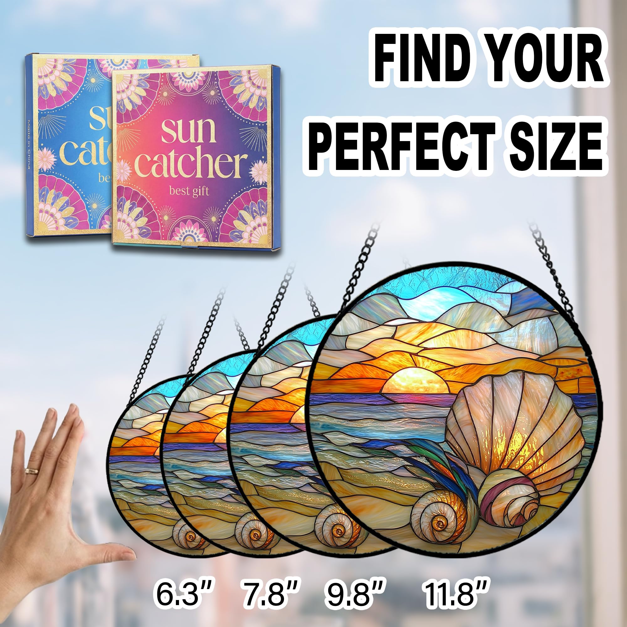 Birthday Gifts for Women - Beach Shell Faux Stained Glass Window Hanging Sun Catcher for Door Garden Acrylic Ocean Decor Mother's Day Christmas for Mom Men Nana Grandma Sisters 6.3"