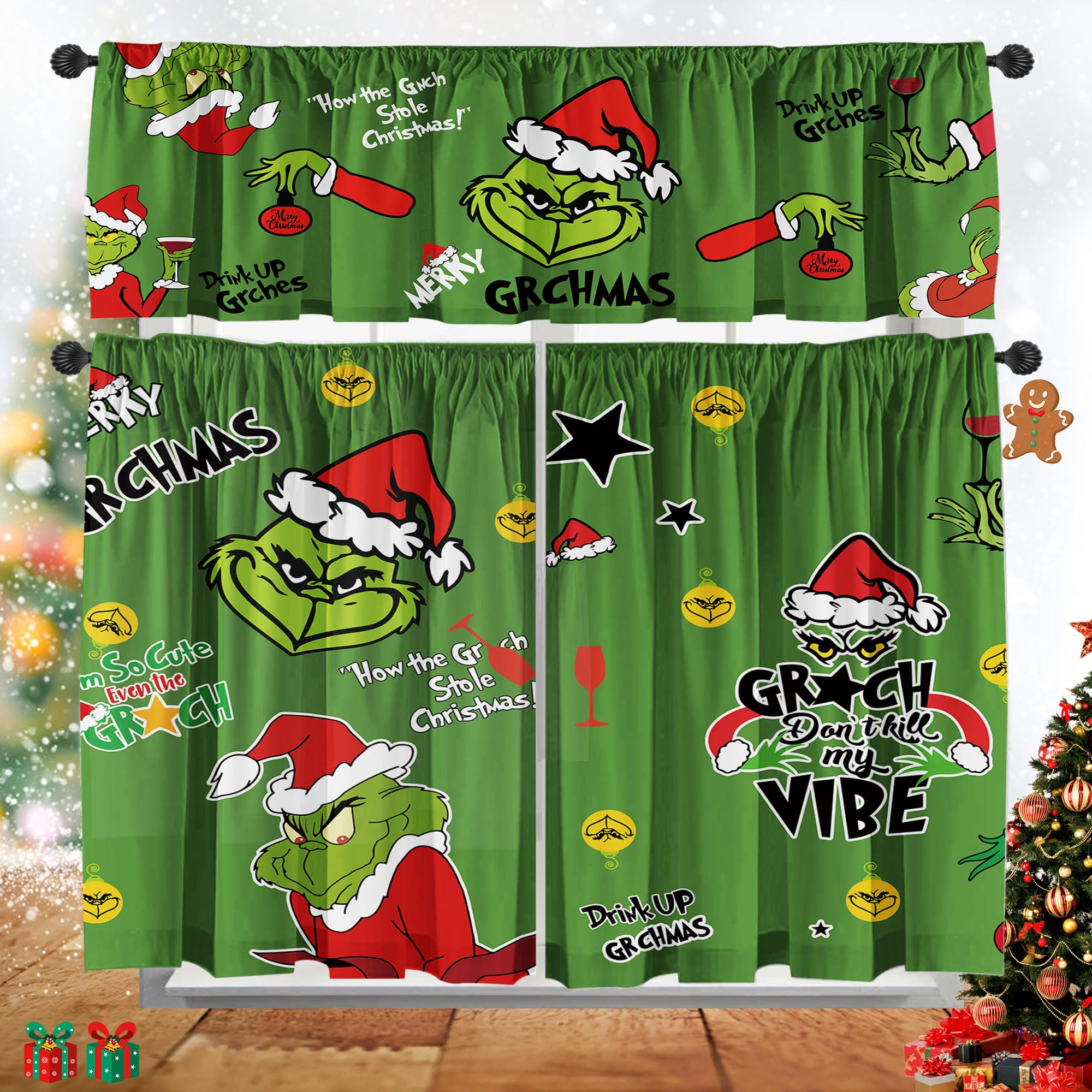 Christmas Kitchen Curtain Valances Winter Holiday Festive Small Window Decoration, Red and Green Farmhouse Xmas Design, 52x18inchx1, 26x36inchx2, 3 Panel, Rod Pocket