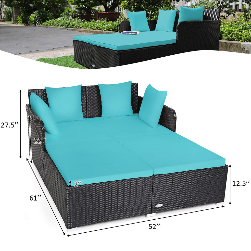Tangkula Patio Rattan Daybed with Retractable Canopy, Outdoor Wicker Sunbed Lounger with 2 Foldable Side Tables, Thick Seat & Back Cushions, Outside Double Daybed for Garden, Backyard, Porch
