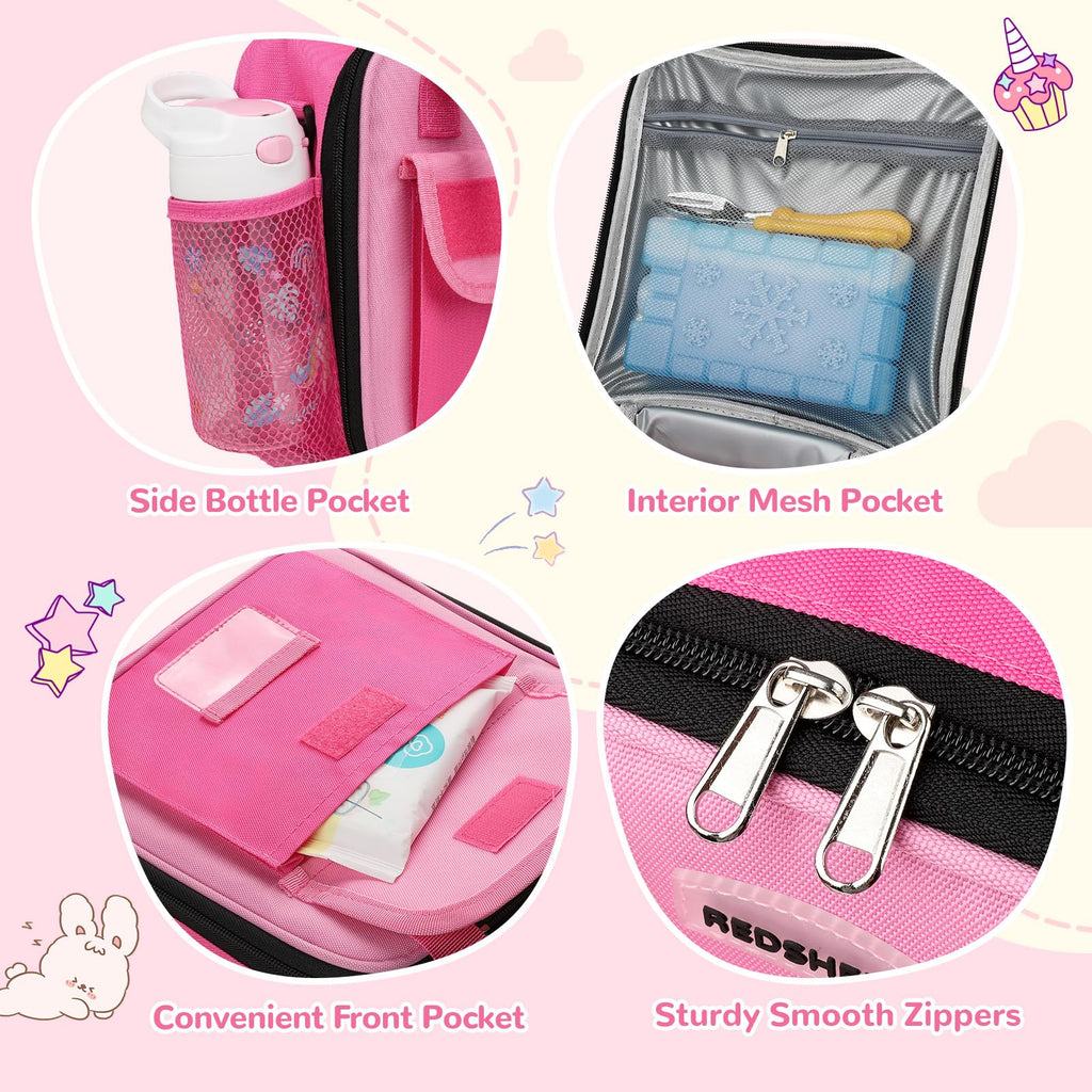 REDSHELL Tactical Lunch Box Kids, Large Insulated Lunch Bag for Girls, Cooler Lunchbag, Square Toddler Lunchbox, School Daycare Lunch Tote Pail with Water Bottle Holder Shoulder Strap, Purple