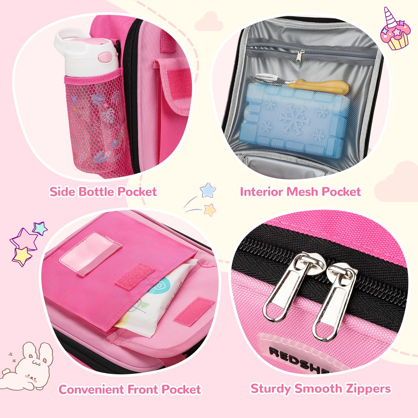 REDSHELL Tactical Lunch Box Kids, Large Insulated Lunch Bag for Girls, Cooler Lunchbag, Square Toddler Lunchbox, School Daycare Lunch Tote Pail with Water Bottle Holder Shoulder Strap, Purple