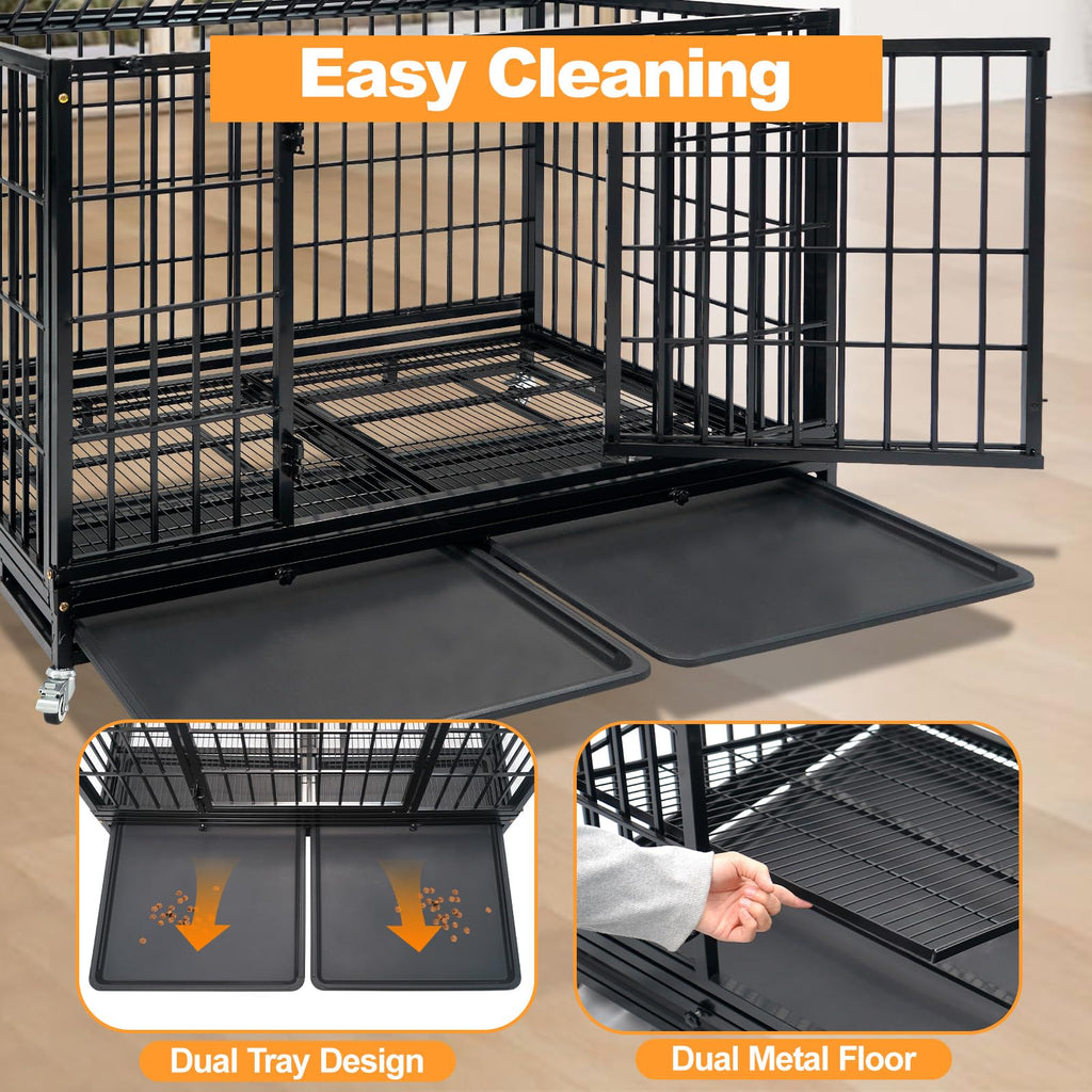 Homey Pet 37 Inch Heavy Duty Dog Crate for Medium Dogs, Stackable Dog Cage with Four Lockable Wheels, Removable Tray & Grid, Open Top, Escape Proof Dog Kennel Indoor