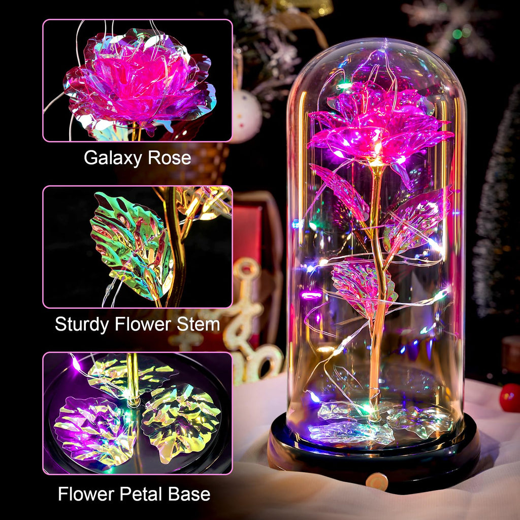 Pusuny Mothers Day Flowers Gifts for Mom Women Birthday Gift Galaxy Glass Rose Forever Eternal Crystal Flowers Rose in Glass Dome with Butterfly Mother's Day Roses Gifts for Mom Daughter Wife Purple