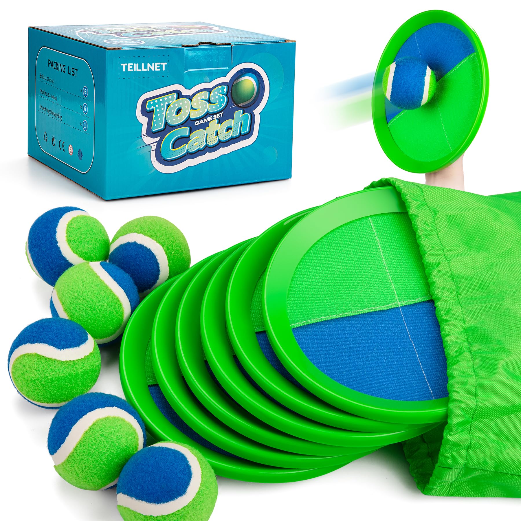 TEILLNET Toss and Catch Ball Set Upgraded - Kids Toys Beach Toys Baseball Games - Sturdy & Water-Resistant for Outdoor Pool Yard Games - Classic Gift for Boys Girls 3 4 5 6 7 8 9 10 11 12+ Years