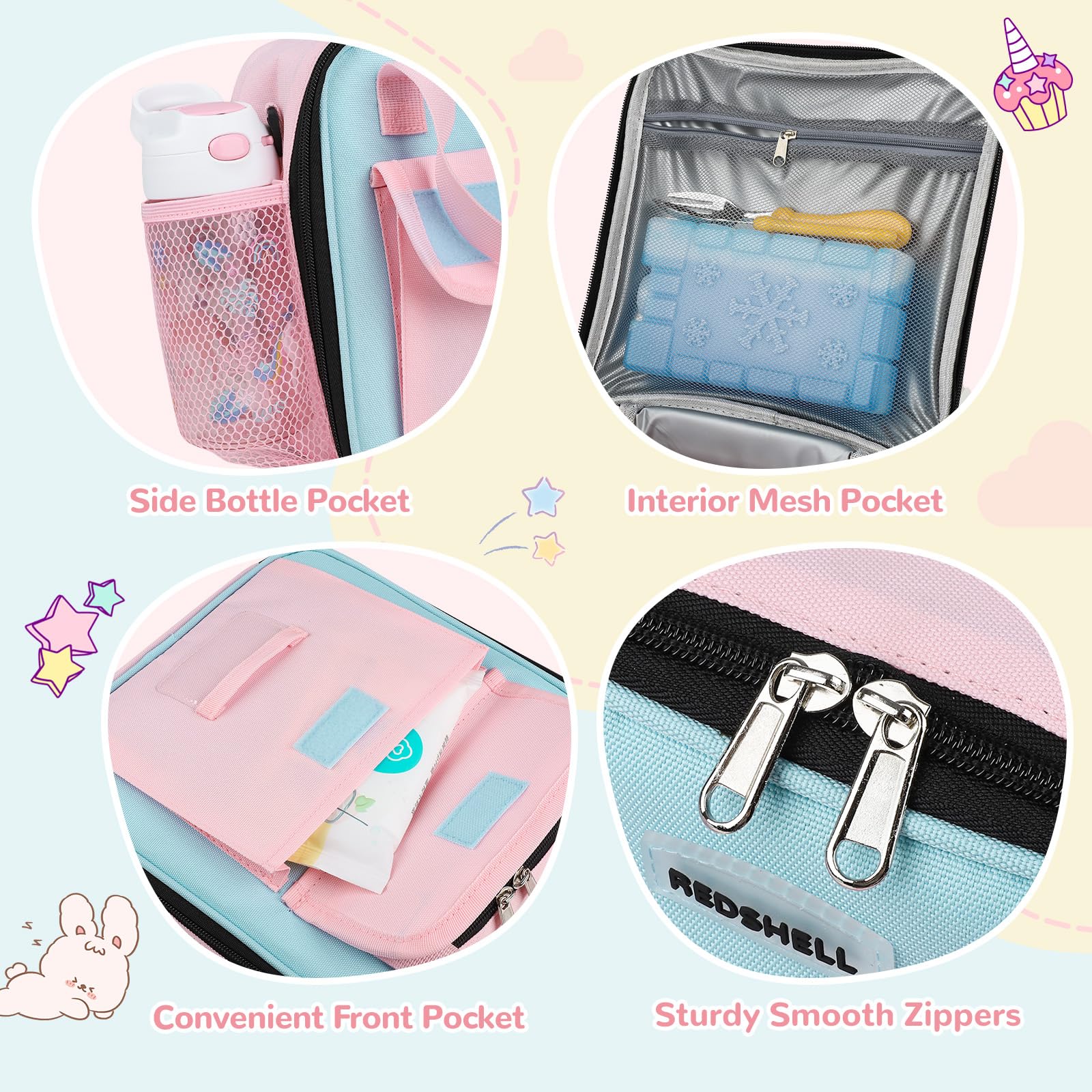 REDSHELL Tactical Lunch Box Kids, Large Insulated Lunch Bag for Girls, Cooler Lunchbag, Square Toddler Lunchbox, School Daycare Lunch Tote Pail with Water Bottle Holder Shoulder Strap, Purple